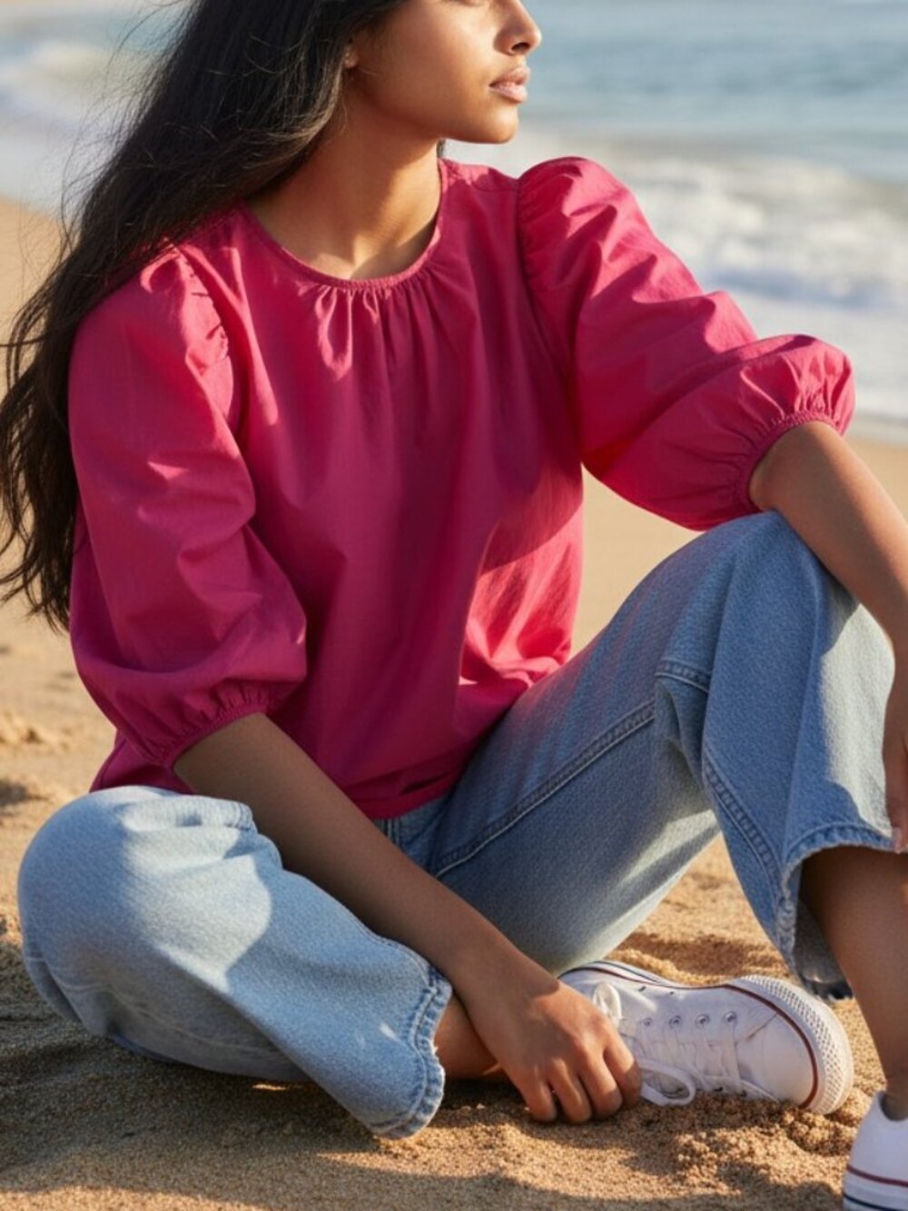 H&M bright pink back tie cotton top Extra-Small puff sleeves Barbiecore
